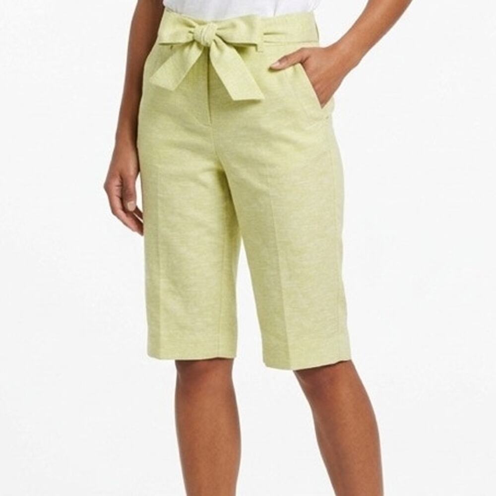 7th Avenue New York & Co Women's Shorts 0 Linen Bermuda Green Modern Fit Belted